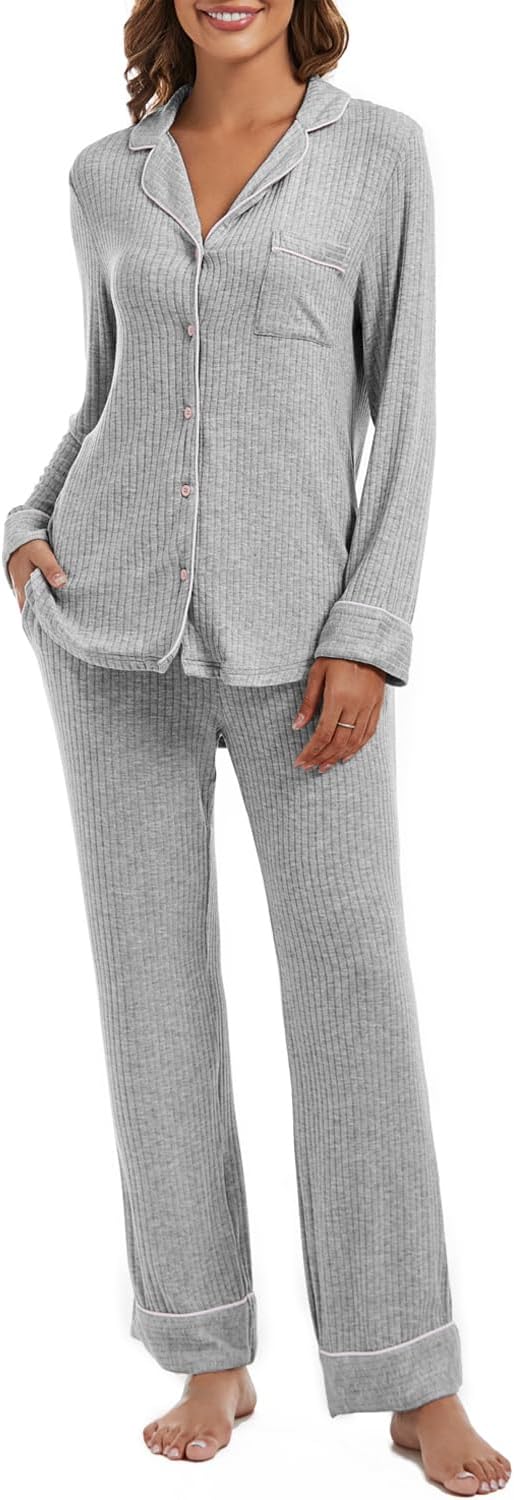 Women's Pajama Sets Long Sleeve Button Down Soft Knit Sleepwear Pjs 2 Piece Lounge Set