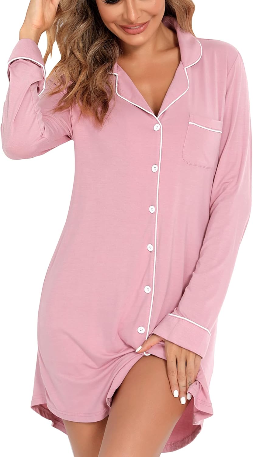Pajama Nightgowns for Women Button Down Pajamas Tops Short/Long Sleeve Sleepwear Sleep Shirts Nightdress S-XXL - Image 2