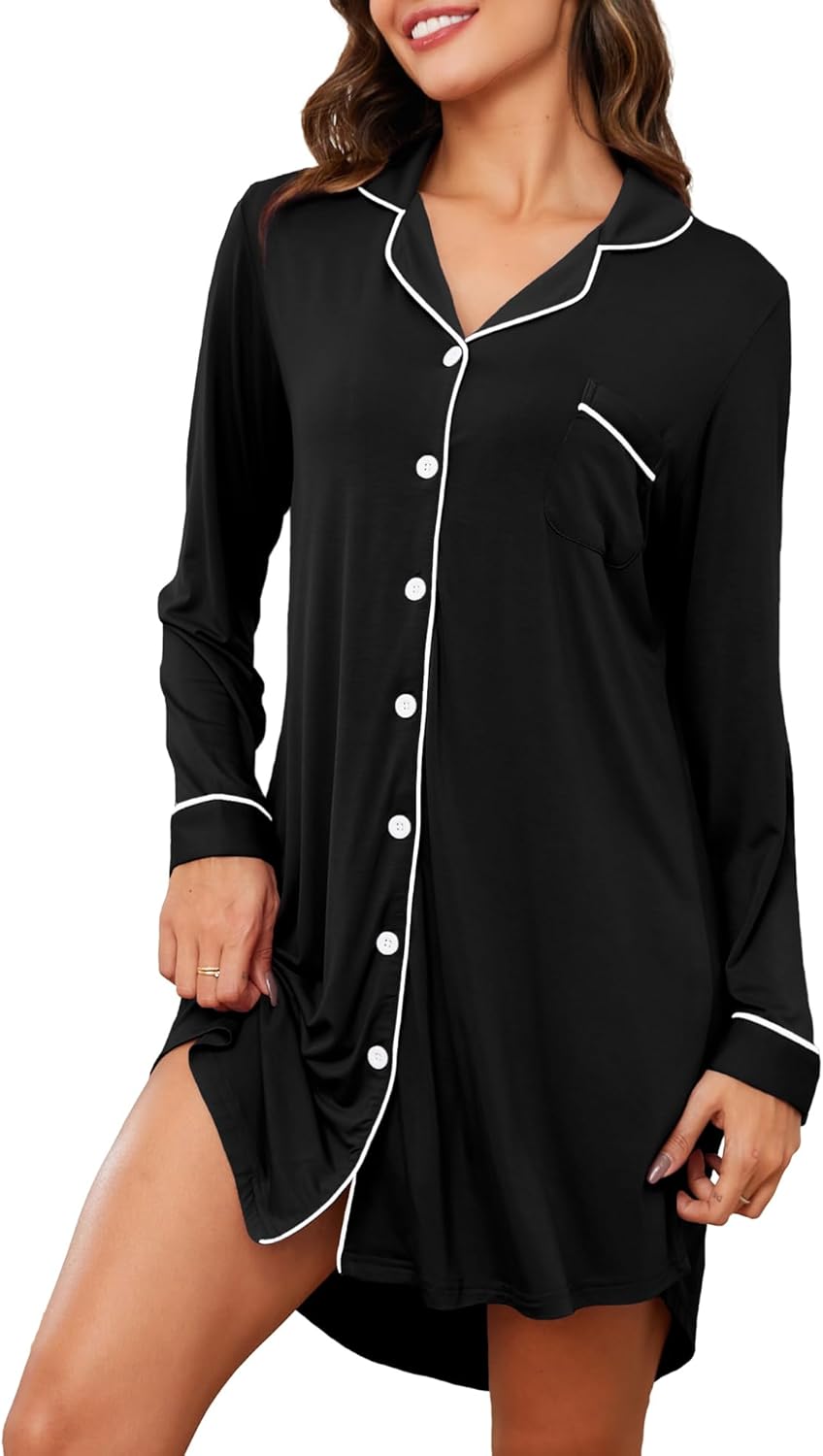 Women's Nightgown Short Sleeve Pajama Dress Soft Button Down Sleep Shirts Comfy Boyfriend Nightdress S-XXL