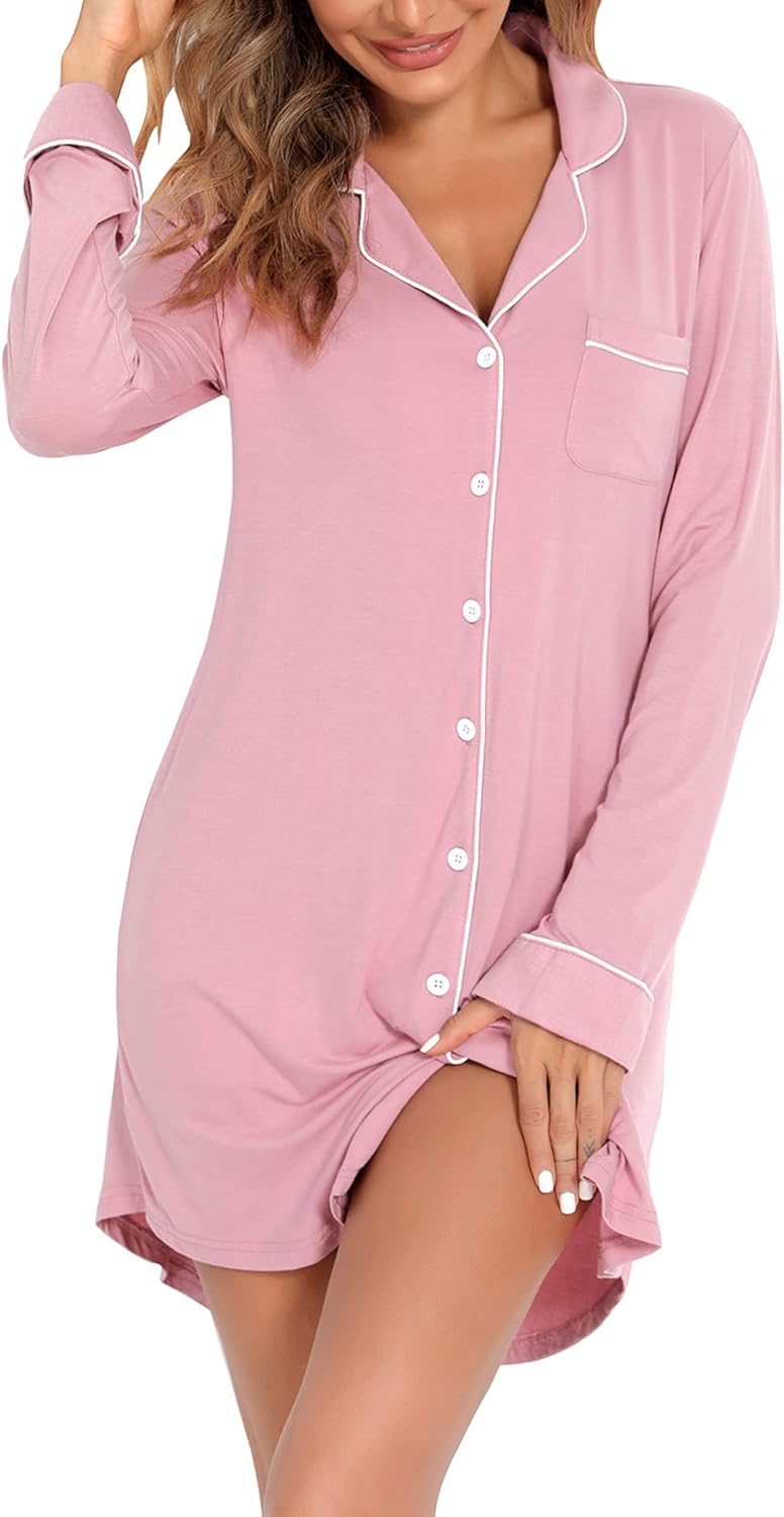 Nightgown for Women Sleep Shirt Short Long Sleeve Sleepwear Boyfriend Nightshirt Button Down Pajama Dress S-XXL - Image 2