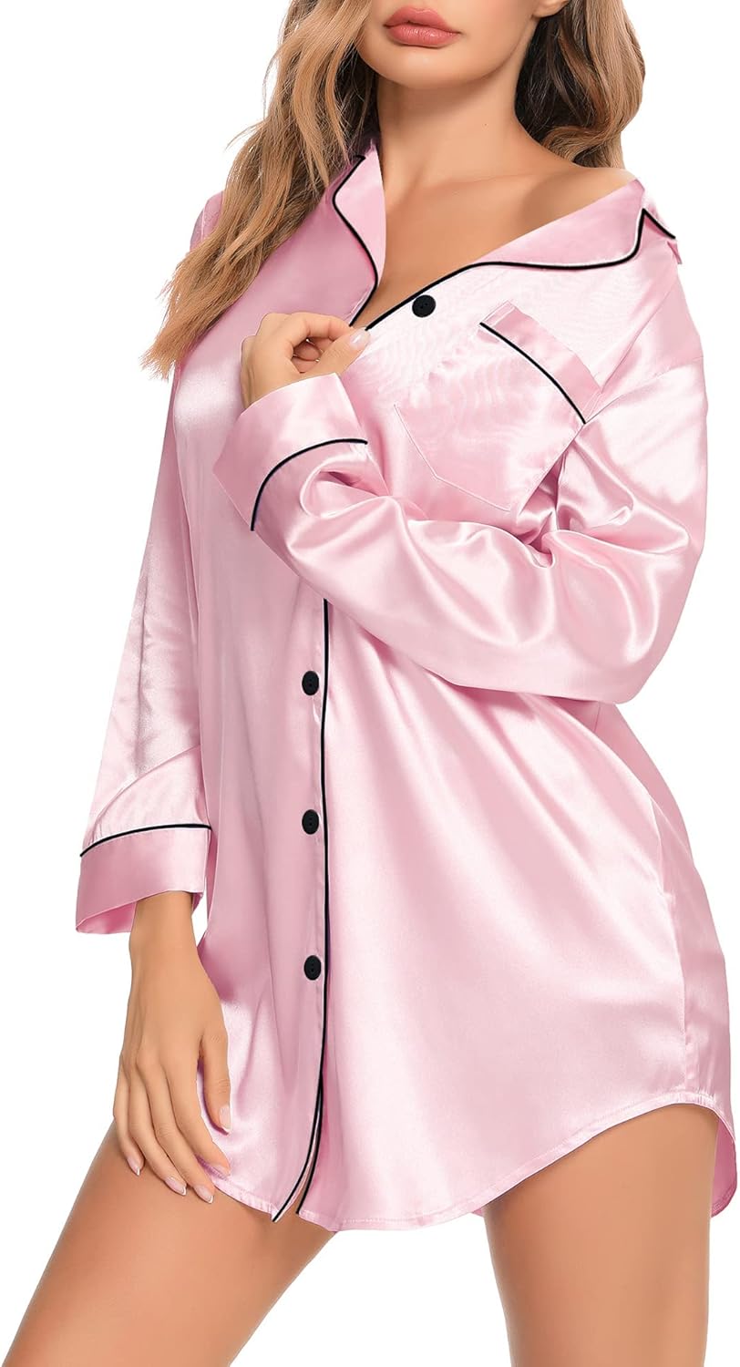 Women's Satin Sleep Shirt Long Sleeve Sleepwear Silk Nightshirt Button Down Pajama Top