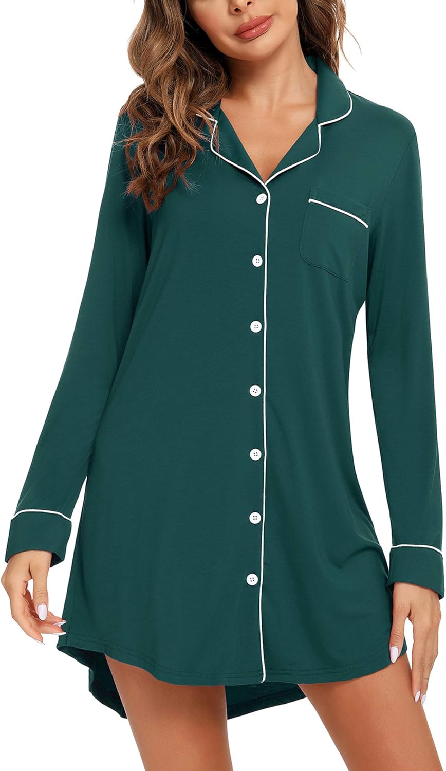 Nightgown for Women Sleep Shirt Short Long Sleeve Sleepwear Boyfriend Nightshirt Button Down Pajama Dress S-XXL - Image 2