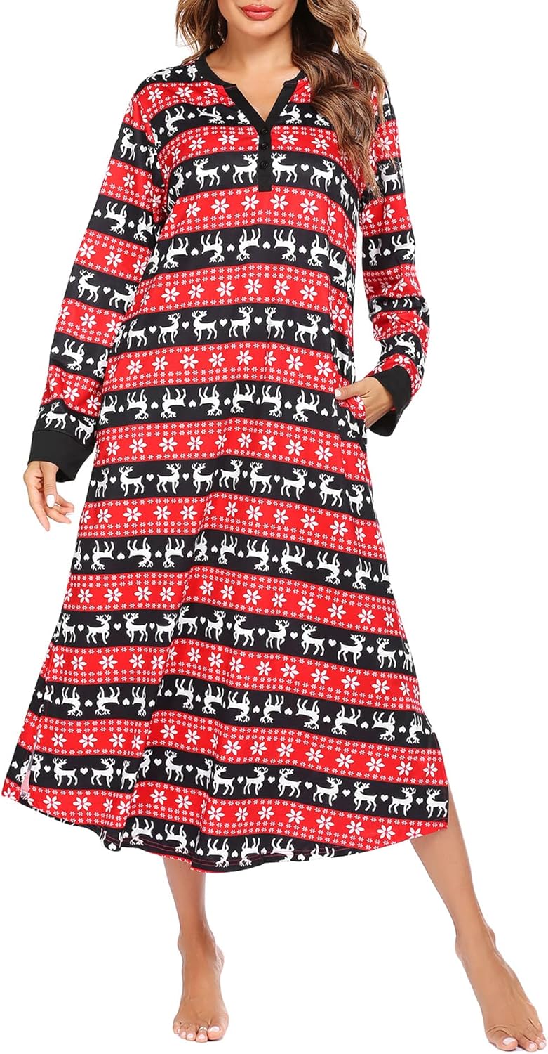 Women's Nightgown Long Loungewear V Neck Nightshirt Sleepwear Full Length Sleepshirt with Pockets