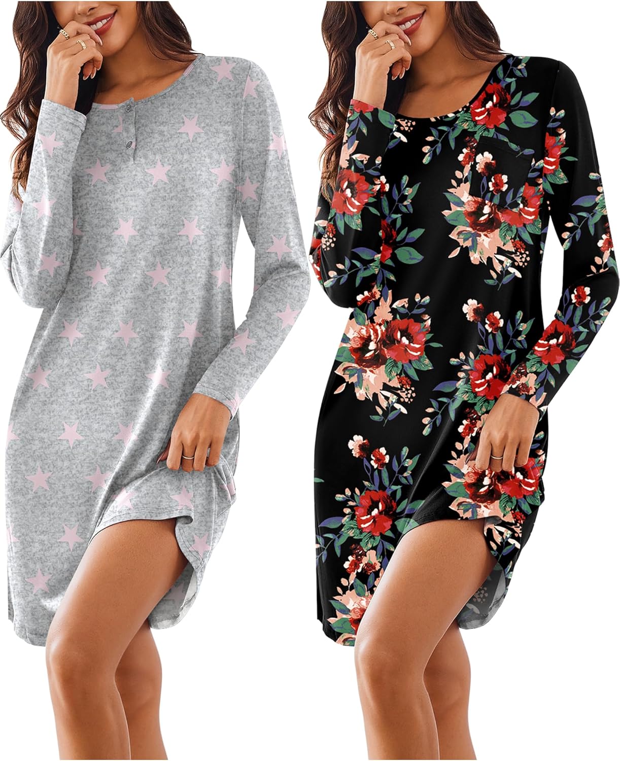 Women's 2 Pack Sleepshirt Dress Comfortable Nightshirt Nightgown Long Sleeve Button Down Sleepwear